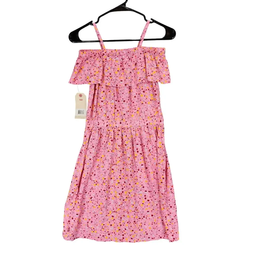 Levis Ruffle Dress L Kids Girl Cold Shoulder Floral Pink Tiered Midi 12-13yr NEW